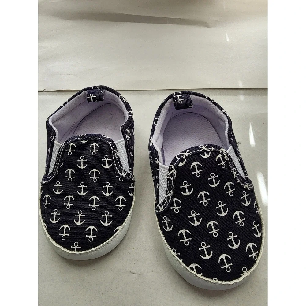 Tommy Bahama Kids Navy Blue Anchor Print Slip On Crib Shoes 12-18 Months
